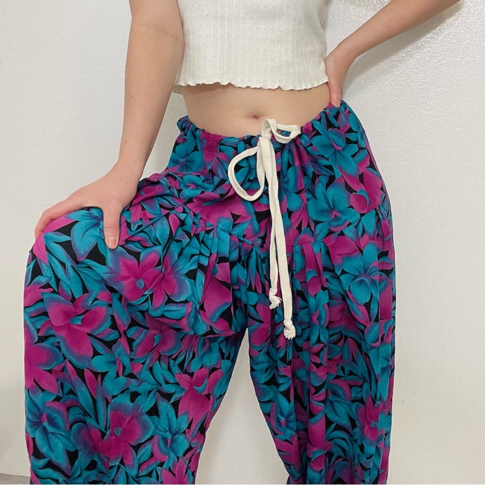 Handmade | Vintage Rare Sheer Neon Floral Baggy Parachute Pants OSFM